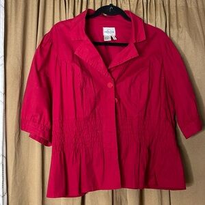 Women’s 1X Red Button Up Blouse Lil V Neck Puff Short Sleeve Stretch Waistband
